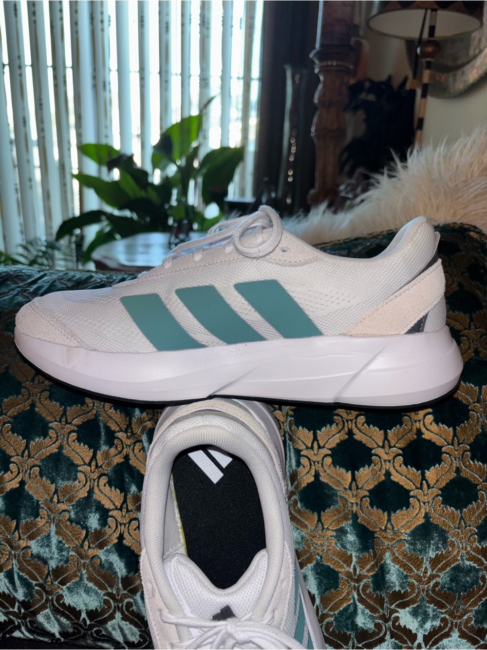 adidas Mens White Sneakers with Teal Three-Stripes